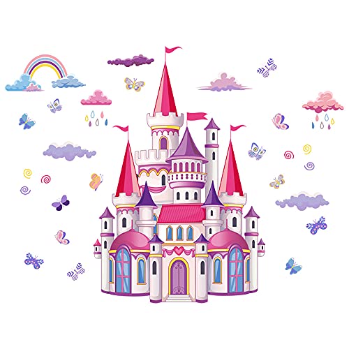 Rainbow Cloud Fairy Tale Princess Castle Wall Stickers for Kids Room Home Decor Girls Princess Bedroom Art Decorative Stickers (CB0002)