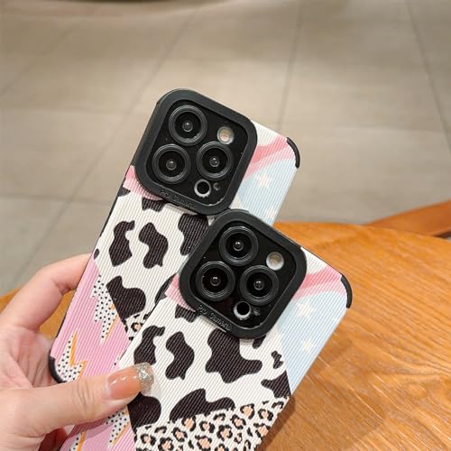 YKCZL Compatible for iPhone 14 Pro Max Phone Case,Cute Leather Leopard and Black Flash Splicing Patter,Soft TPU Full Camera Lens Protective Shock Women Protection Cover for iPhone 14 Pro Max-Black