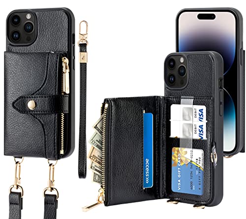 LAMEEKU Compatible with iPhone 14 Pro Wallet Case, Leather Crossbody Phone Case with Strap for Women, Full Protection RFID Blocking Case Wallet for iPhone 14 Pro 6.1 Inch-Black