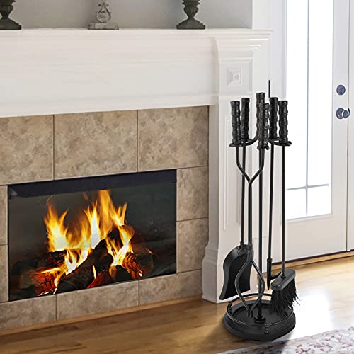 AMAGABELI GARDEN & HOME 5 Pieces Fireplace Tools Sets Wrought Iron Indoor Fireplace Set with Poker Tongs Broom Shovel Stand Fire Tools Outdoor Fire Place Fire Pit Hearth Accessories Sets Black