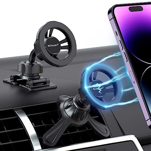 PROfezzion Deluxe for MagSafe Car Mount - Phone Holders for Your Car 360° Magnetic Vent or Dashboard 2 in 1 Metal Version Compatible with iPhone 15 14 13 12 Pro Max Plus for Car Magsafe 3 Accessories