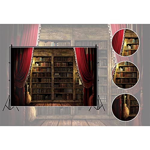 Ancient Library with Red Curtain Background 5x3ft Classical Study Bookshelf Wizard Magic Bookshelf Backdrop for Halloween Party Teacher Student Adults Portrait Photoshoot Studio Props Vinyl