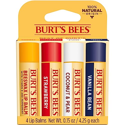 Burt's Bees Lip Balm Stocking Stuffers, Moisturizing Lip Care Christmas Gifts, Original Beeswax, Strawberry, Coconut & Pear, Vanilla Bean with Fruit Extracts, Natural Origin Lip Care (4-Pack)