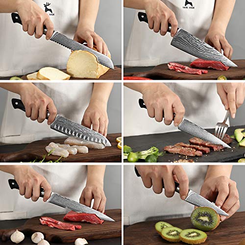 Damascus Kitchen Knife Sets, 9 Pieces Kitchen Knives Set with Block, ABS Ergonomic Handle for Chef Knife Set, Knife Sharpener and Kitchen Shears, Knife Block Set NF-D0603T-B