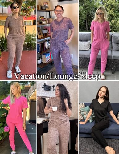 Ekouaer Pajama Sets for Womens Rib Knit Lounge Set Jogger Pants Short Sleeve Sleepwear 2 Piece Outfits Set with Pockets Black