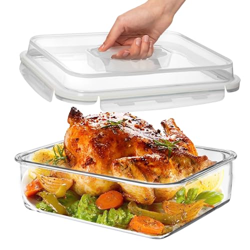 4800 ML / 163 oz / 21 Cup LARGE Glass Food Storage Container with Airtight Locking Lid. Ideal Storing food, Vegetables, Fruits. Baking Casserole, Lasagna, Roasting Turkey, Chicken BPA Free Oven Safe