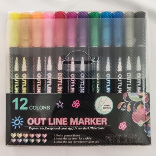 Shimmer Markers Outline Double Line: 12 Colors Metallic Glitter Pens Set Sparkle Kid Age 4 8 10 14 Year Old Gift Present Doodle Drawing Supplies Art Craft Tween Teen Girl Christmas Stocking Stuffers