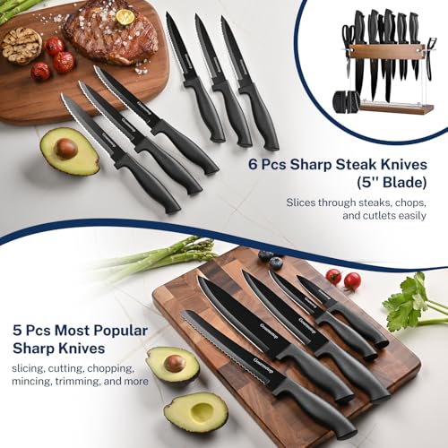 Gourmetop Kitchen Knife Set with Block 15 pcs, Kitchen Knife Block Set with Wood Acrylic Stand, Sharp Knife Set with Sharpener, Scissors, and Peeler, Black Cooking Knives Set for Kitchen Cutting