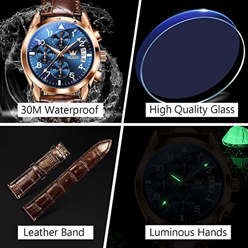 OLEVS Men's Watches Auto Date Multi-Function Rose Gold Quartz Watch for Men Blue Face Brown Leather Strap Casual Mens Chronograph Watches Water Resistant Easy Read Aviator Men's Cuff Watch for Father