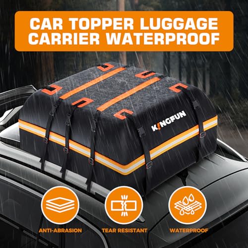 Kingfun Car Rooftop Cargo Carrier Bag - Waterproof 15 Cubic Feet Car Roof Luggage Carrier for All Vechicles with/Without Racks, Includes Anti-Slip Mat, 8 Reinforced Straps, 6 Door Hooks, Luggage Lock