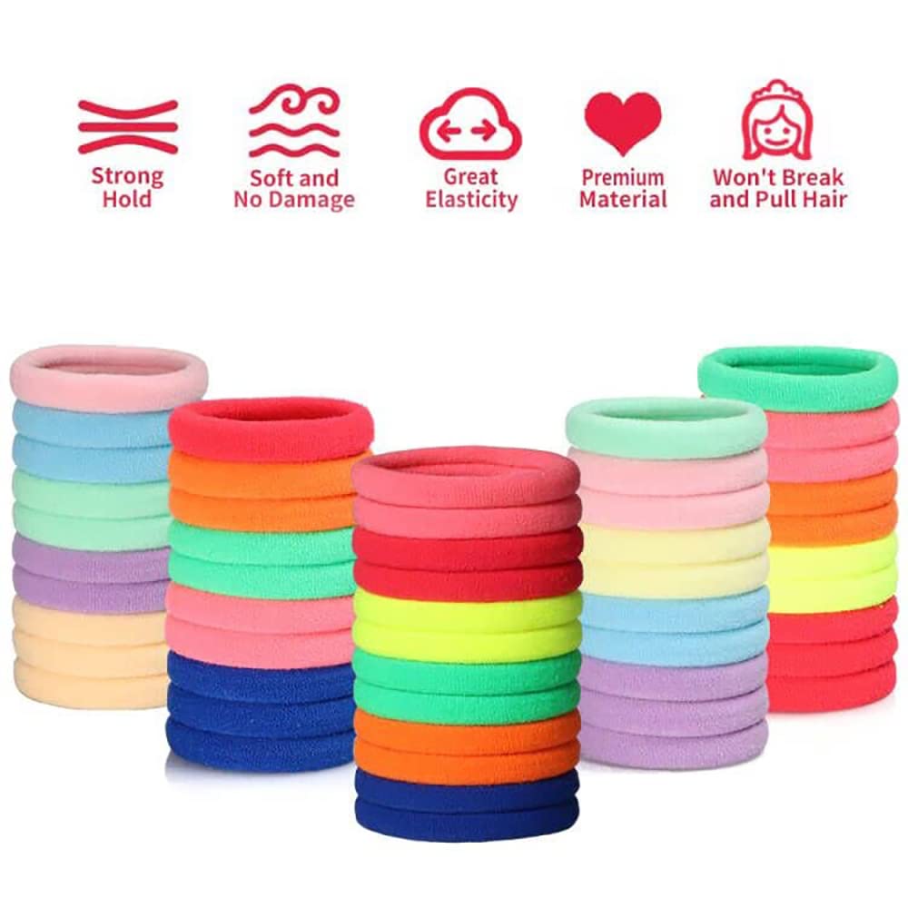 Antye 100Pcs Hair Ties Any Fit No Damage Hair Cutton Seamless Hair Elastic Pony Tail Holders For Thick or Thin Hair No Snag, Dent, or Breakage Baseball & Tennis Suitable Hair Bands (Rainbow Color)