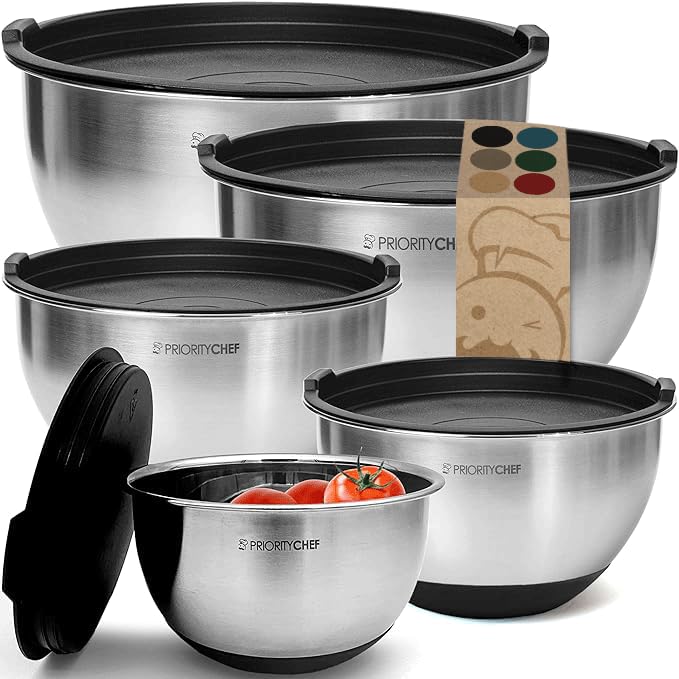 Priority Chef Premium Stainless Steel Mixing Bowls With Airtight Lids - Thick Metal Nesting Bowls for Kitchen, 1.5/2/3/4/5 Quart, Black