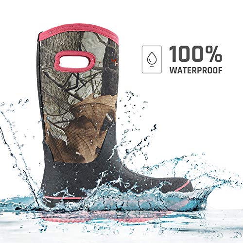 HISEA Women Mud Boots, Mid Calf Neoprene Rubber Boots with Pull on Handle Insulated Barn Boots Womens Waterproof Rain Boots Garden Shoes Womens Rainboots for Farm Gardening Hiking Hunting Fishing