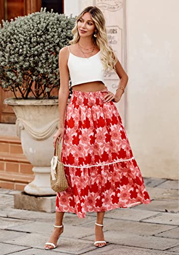 BTFBM Women 2024 Summer Spring Floral Long Skirts Casual Elastic High Waist Pleated Swing A Line Boho Beach Maxi Skirt(Flower Blue Pink, Medium)