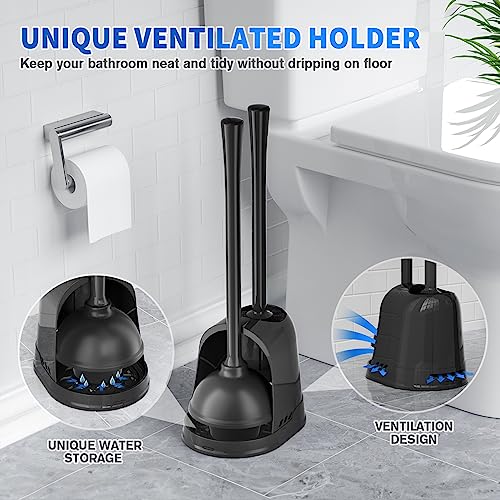 LOVLOY Toilet Plunger and Brush, Bowl Brush and Heavy Duty Toilet Plunger Set with Ventilated Holder, 2-in-1 Toilet Brush and Plunger Combo for Bathroom Cleaning (Black, 2 Set)