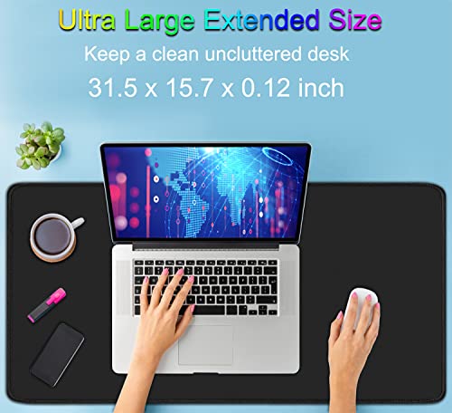 Large Extended Gaming Mouse Pad with Stitched Edges, (31.5X15.7In) Durable Non-Slip Natural Rubber Base, Waterproof Computer Keyboard Pad Mat for Esports Pros/Gamer/Desktop/Office/Home-Black