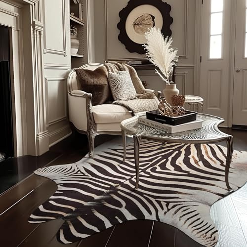 jinchan Zebra Print Area Rug Faux Skin Cowhide Animal Design Mat Faux Suede Safari Accent Rug Indoor Floorcover for Bedroom Living Room 3x4 Feet