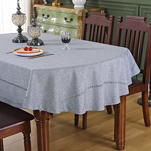 Handmade Hemstitch Tablecloth Natural Faux Linen Table Cloth Oval Rustic Table Cover for Kitchen Dinning Room Party Solid Grey 60x84 inch