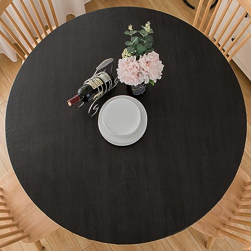 Round Vinyl Fitted Tablecloth with Flannel Backing Elastic Edged Table Cloth Waterproof Oil-Proof Plastic Table Cover (Lemon, Fits Table up to 27"-31" Diameter)