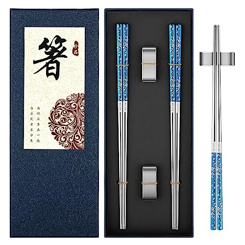 FOFAYU Metal Chopsticks Reusable 2 Pairs Titanium Plated Stainless Steel Chopsticks with Holder, Dishwasher Safe Non-Slip Japanese Style Chop Sticks Present Set (Blue Silver)