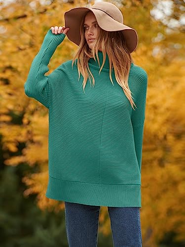 ANRABESS Women Oversized Turtleneck Long Batwing Sleeve Split Hem Pullover Knit Tunic Sweater Outfits 2024 Trendy Clothes Nutmeg Small