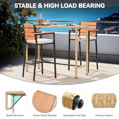 YITAHOME 3-Piece Outdoor Patio Bar Table Set, Outdoor Wicker Patio Bar Height Bistro Furniture Set w/Chairs and Plastic Wood Tabletop for Dining, Patios, Backyard, Gardens and Balcony, Light Brown