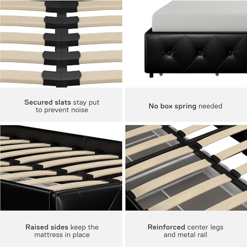 DHP Dakota Upholstered Platform Bed with Underbed Storage Drawers and Diamond Button Tufted Headboard and Footboard, No Box Spring Needed, Twin, Black Faux Leather