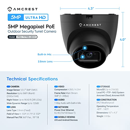 Amcrest 5MP POE Security Camera System Outdoor, 8CH POE NVR, 4pcs 5MP Turret Cameras, IP67 Metal Turret IP Cameras, Built in Mic, Pre-Installed 2TB Hard Drive, NV4108E-IP5M-T1179EB4-2TB