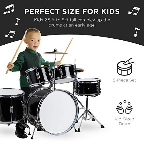 Best Choice Products Kids Drum Set 5-Piece 16in Beginner Drum Set Junior Drum Kit, Starter Percussion Set w/Cymbals, Pedal, Drumsticks, Stool, Toms, Snare, Hi Hat - Black