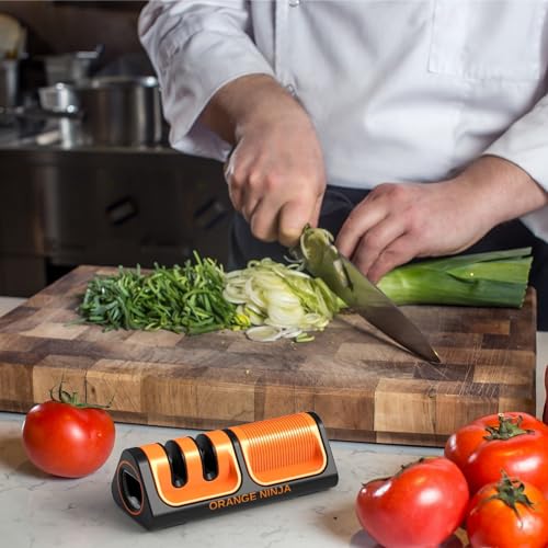 Orange Ninja Mini Knife Sharpener - Coarse & Fine Knife Sharpener, Knife Sharpening System- Knife Sharpeners for Kitchen Knives, Pocket Kitchen Knife Sharpener with Bottle Opener & Fridge Attachment