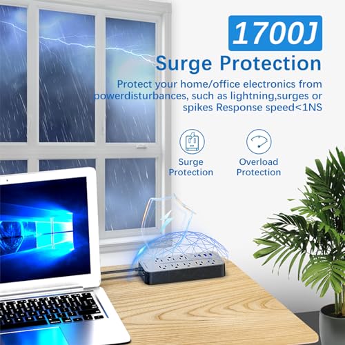 Nanolake Surge Protector Power Strip with USB Ports, Flat Plug Outlet Extender with Extension Cord 6 ft,8 AC outlets,1700 Joules,Mountable,Black (Without Night Light).
