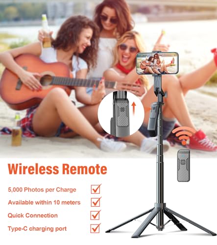 Funxee Selfie Stick Phone Tripod - 71 inch Tall Cell Phone Holder with Detachable Wireless Remote and 2 LED Lights for Recording, Video and Picture, Phone Stand for iPhone, Android, Camera & Gopro