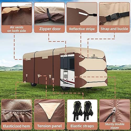 VINPATIO Class A RV Cover 300D Oxford Fabric Two Color Design, Fits 31'-34' RV, Heavy Duty Windproof Waterproof Class A Motorhome Cover with 2 Extra Long Straps, Gutter Covers