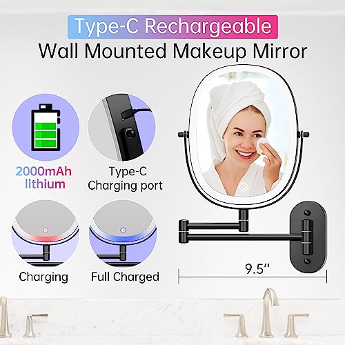 Rechargeable Wall Mounted Lighted Makeup Mirror, 8 Inch Double Sided LED Vanity Mirror 1X/7X Magnification,3 Color Lights Touch Dimmable Oval Frame 360°Swivel Magnifying Bathroom Mirror Antique Bronze