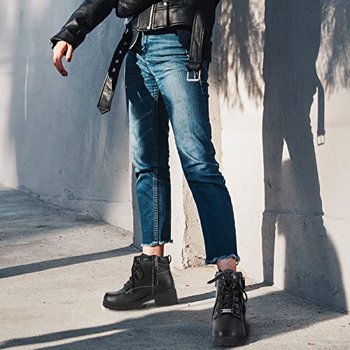 Dream Apparel Womens Lace Up Motorcycle Riding Boots with Side Zipper, Black Faux Leather Ankle Booties Biker Boots, Military Combat Booties for Ladies with Low Heel, 11