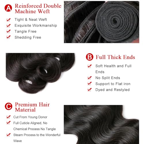 Katspon 12A Human Hair Bundles Body Wave 24 Inch One Bundle 100% Unprocessed Brazilian Virgin Hair Bundles Double Weft Weave Body Wave Bundles Human Hair Natural Black Color