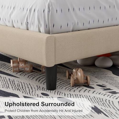 Feonase Twin Bed Frame, Upholstered Bed Frame with Charging Station, Wingback Storage Headboard, No Box Spring Needed, Noise-Free, Beige