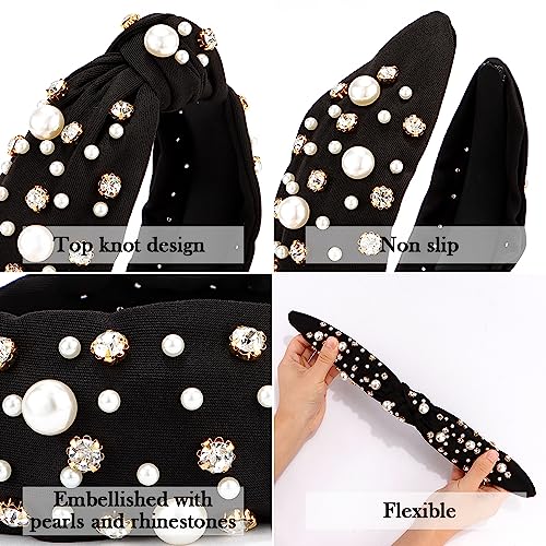 Atoden Black Wide Top Knot Headband with Pearl Rhinestone for Women's Hair Embellished Headbands Non Slip Sparkly Hair Bands Fashion Hair Accessories