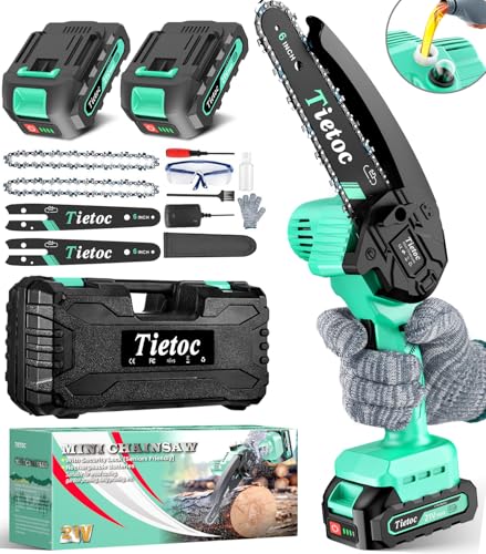 Tietoc Mini Chainsaw 6 Inch Cordless [With 2Pcs 21V Batteries] [2024 Upgrade] Portable Electric Chain Saw, Small Handheld Battery Powered Super Saws for Tree Branches, Courtyard, Household & Garden