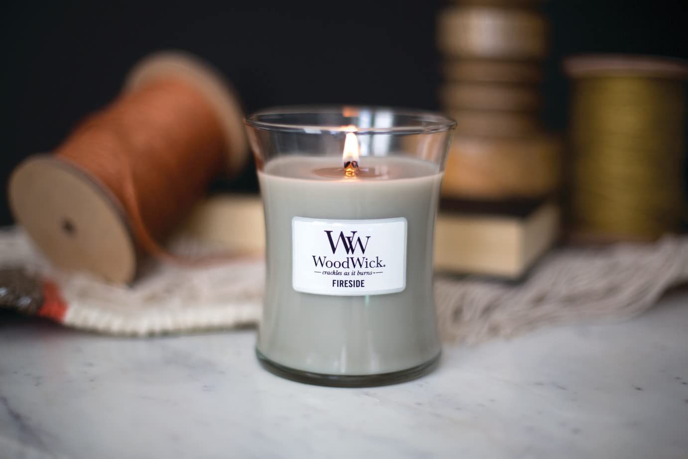 WoodWick Medium Hourglass Candle, Fireside Scent, Premium Soy Blend Wax, Pluswick Innovation Wood Wick, 10oz, Perfect for creating a cozy ambiance