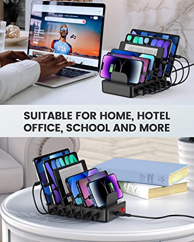 CREATIVE DESIGN Charging Station, 50W 6 Ports Multi Charger Station with 6 Charging Cables, USB Charging Dock for Multiple Devices, Compatible with Cellphone iPad Kindle Tablet and Other Electronic