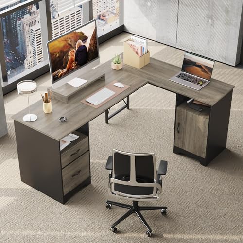 Bestier L Shaped Desk with File Drawers, 63" x 47" Office Computer Desk with Storage Cabinet, Corner Desk with Monitor Stand & Modesty Panel for Home Office, Cherry