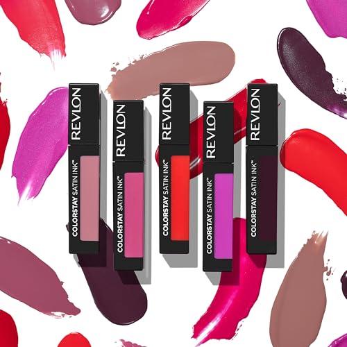 REVLON ColorStay Satin Ink Crown Jewels Liquid Lipstick, Longlasting & Waterproof Lipcolor, Moisturizing Creamy Formula Infused with Black Currant Seed Oil, 035 Reigning Red, 0.17 fl oz.