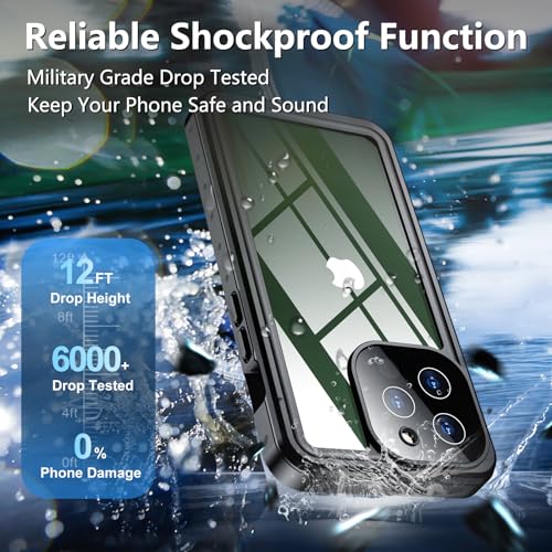 SPIDERCASE for iPhone 13 Pro Case Waterproof, Built-in Lens & Screen Protector, Full Heavy Duty Protection, 12FT Military Shockproof, Dustproof, Anti-Scratched Phone Case,Black/Clear