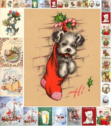 Decoupage Paper Pack (35 Sheets 6"x8") Cute Christmas Animals FLONZ Vintage Styled Christmas Pictures Cards for Decoupage, Craft and Scrapbooking