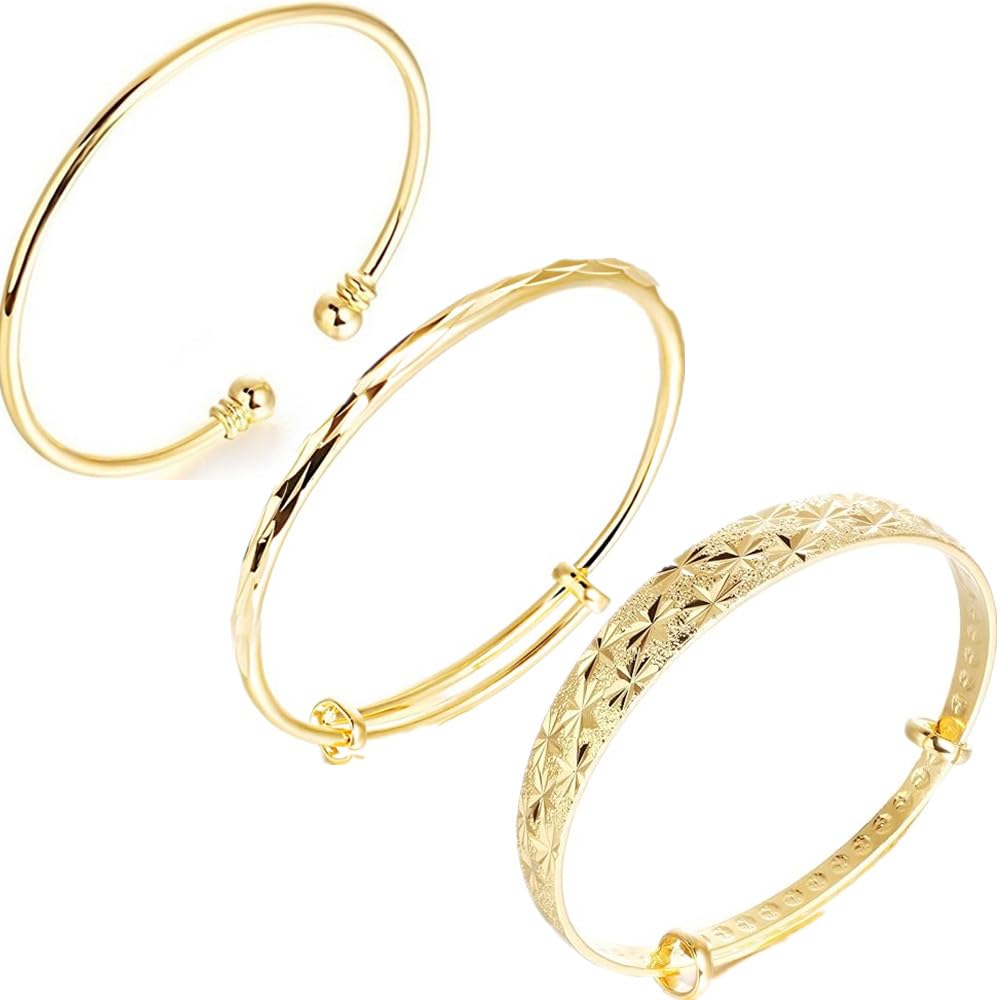Eyixvan 3pcs 18k Yellow Gold Plated Classical Diamond Cut Adjustable Bangle Set Bracelet for Women