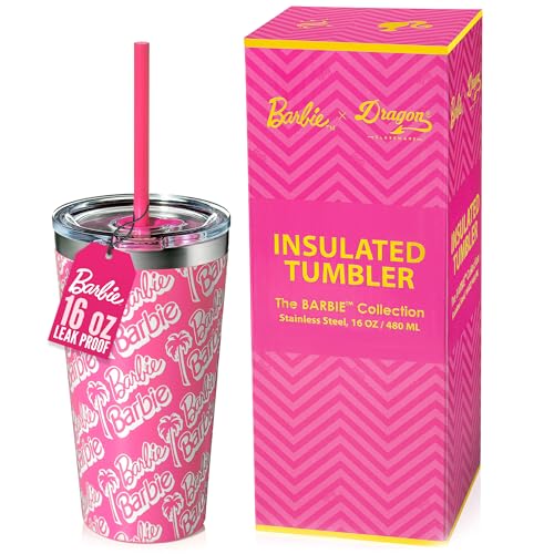 Dragon Glassware x Barbie Vacuum Insulated Tumbler with Lid and Straw - 16 oz Tumbler Cup with 2 Straws - Stainless Steel Tumbler with Straw for Water, Iced Tea - Travel Coffee Tumbler - Classic