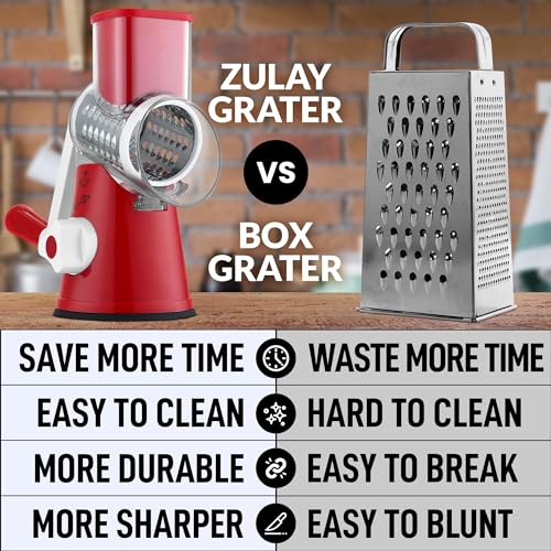 Zulay Kitchen Cheese Grater Hand Crank, Grater For Kitchen With Reinforced Suction - Rotary Cheese Grater With 3 Replaceable Stainless Steel Blades - Easy to Use & Clean - Vegetable Cutter - Red