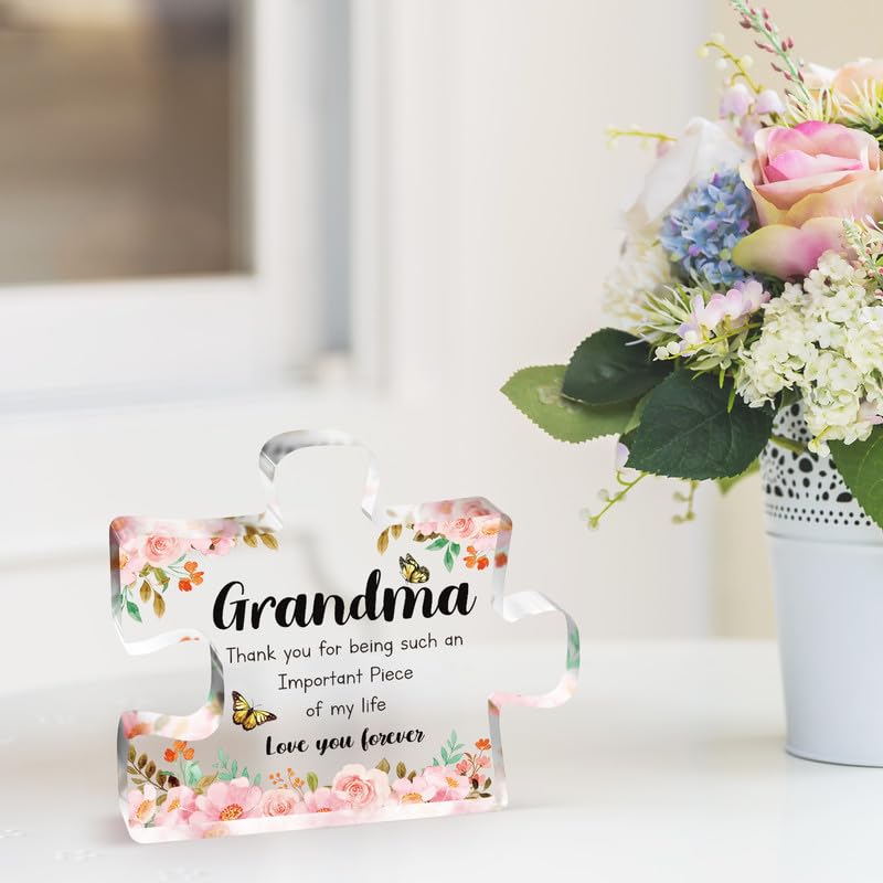 Gifts for Grandma - Delicate Grandma Birthday Gifts from Grandkids - Engraved Acrylic Puzzle Piece 3.9 x 3.3 inch - Mothers Day Birthday Christmas Gifts for Grandma Grandmother, Ideas