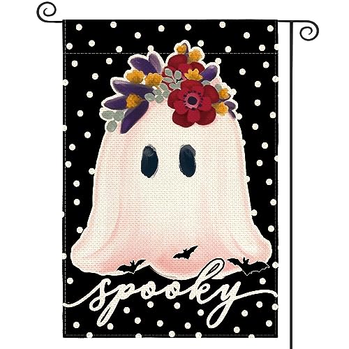 AVOIN colorlife Black Polka Dot Halloween Spooky Ghost Garden Flag 12x18 Inch Double Sided Outside, Cute Party Holiday Yard Outdoor Decorative Flag